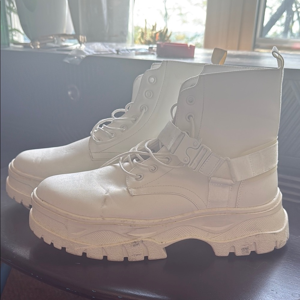 ASOS white buckle combat boots